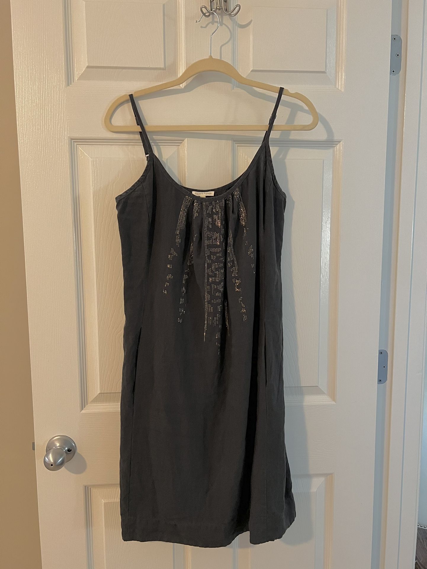 EILEEN FISHER Dress M Organic Linen Slip Cami tank sequin Gray Adjustable Straps EILEEN FISHER Dress m Organic Linen Slip Cami tank sequin Embellis