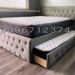 Full/Twin Gray Frenchi Tufted Trundle Beds W. Ortho Mattresses Included 
