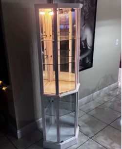 Hexagonal Glass Display Cabinet With Light & Mirrored-Back 70”H