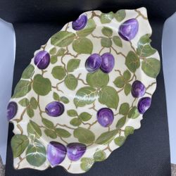 Antique Plum & Leaf Pattern Oval Footed Bowl 