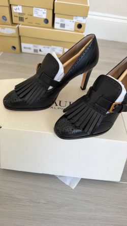 Lauren Ralph Lauren Colleen Black Burnished Calf Fringe Heels Size 6B