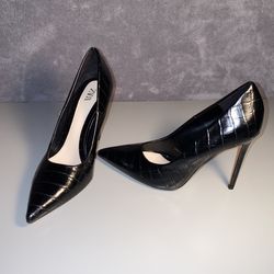 Zara Heels Womens 6.5 37 Crocodile Embossed Black Pointy Toe 4” Heels Shoes