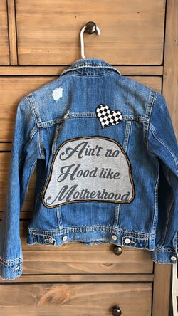 Upcycled Xs Jean Jacket “Ain’t No Hood Like Motherhood” And Heart Patch