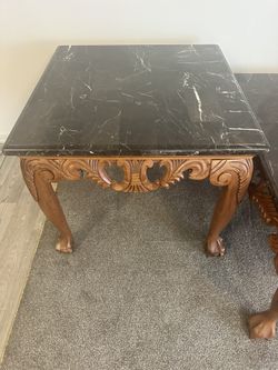 Marble Top Carved Wood Accent Table
