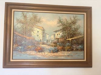 Large Framed Oil Painting – European Flower Market Scene – Signed Park Kolo