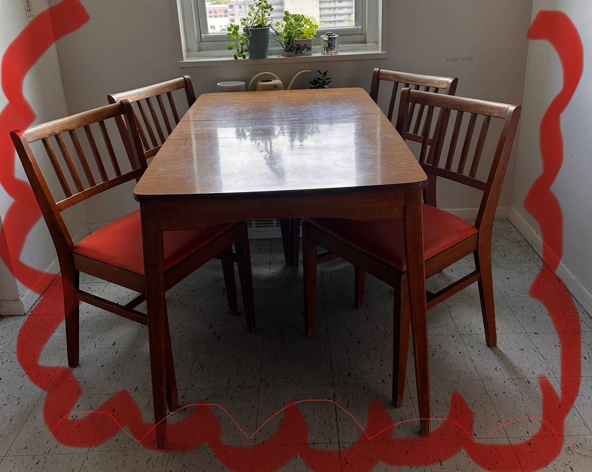 Kitchen Expanding Table with Leaf & 4 Sturdy Chairs & Danish Modern Solid Wood