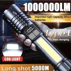 High-Power LED Flashlight – Rechargeable Type-C COB Flashlight with Side Light