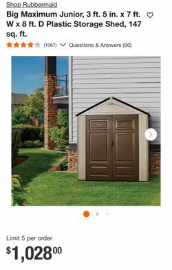 Shop Rubbermaid Big Maximum Junior, 3 ft. 5 in. x 7 ft. O W x 8 ft. D Plastic Storage Shed, 147 sq. ft.