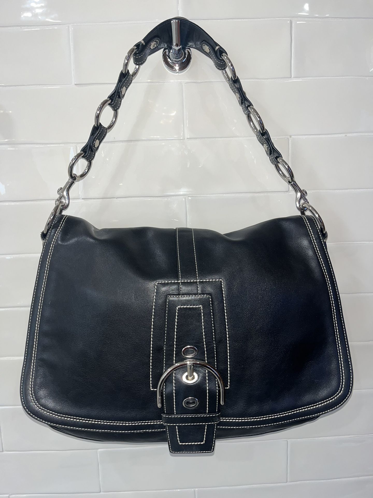 Coach 10582 Style Purse Soho XL Black Leather & Silver Buckle Flap Shoulder Bag