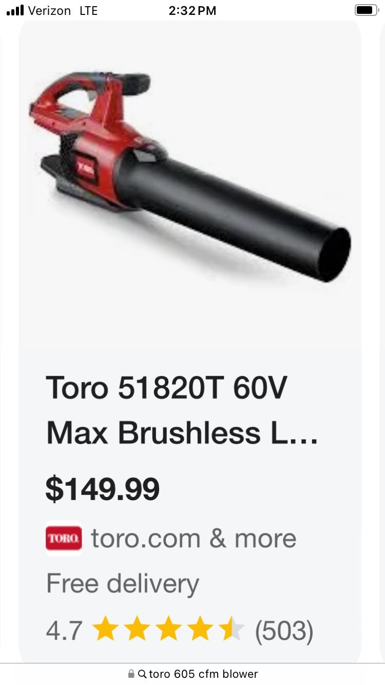 TORO 60V CORDLESS LEAF BLOWER 51820T FLEAX FORCE, TOOL ONLY, BATTERY NOT INCLUDED