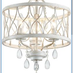Farmhouse Crystal Ceiling Light Fixture, 3-Light Semi Flush Mount Crystal Chandelier Light Fixture Rustic Vintage White Pendant Ceiling Lamp for Hallw