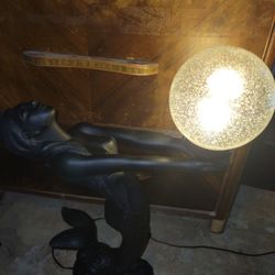Vintage Art Deco Nude Mermaid Black Lamp With Globe RARE FIND