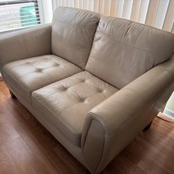 Rooms To Go Beige Leather Love Seat And Single Seat Set