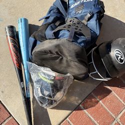 Baseball helmet, 2 bats and back pack