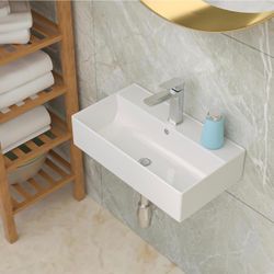 Wall Mount Bathroom Sink 21x12 Inch White Rectangle Vanity Sink with Overflow Faucet Hole Porcelain Ceramic Floating Bathroom Vessel Sinks, Wall Hung 