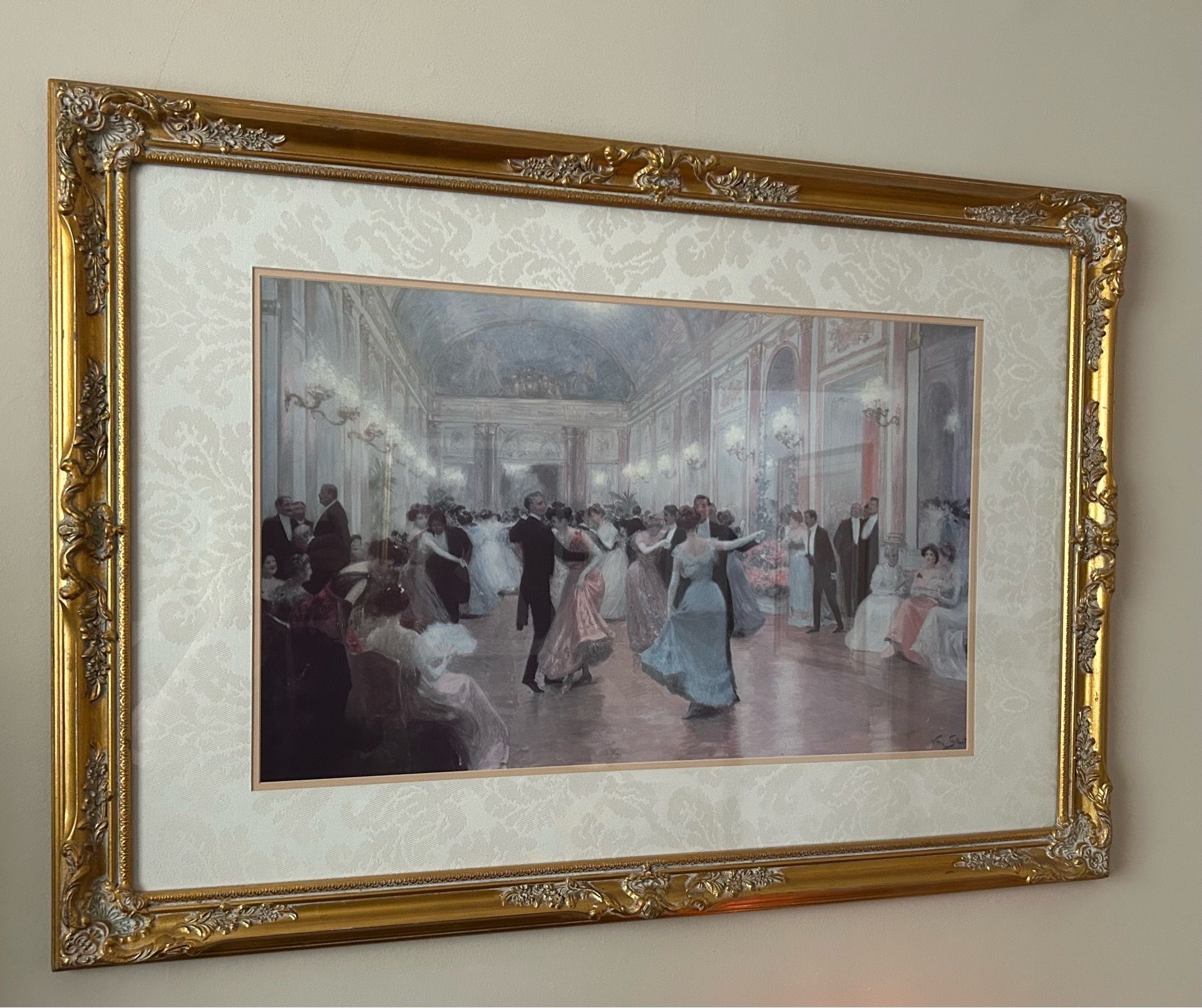 Gold A beautiful large 40”x28” victorian, print in a gold finished frame matted in ivory “fabric”.
