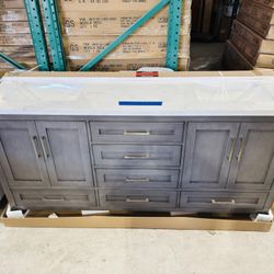 72” Bathroom Vanity in Ash Gray, double sink soft close solid wood with vanity top in white  $1225 
