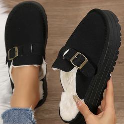  New: Women's Versatile Platform Slippers Suede with Fuzzy Lining & Buckle 
