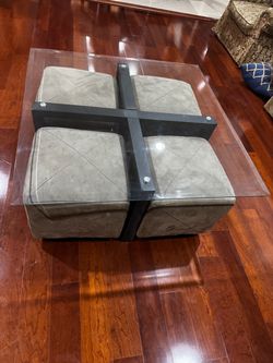 Glass Top Coffee Table with 4 Ottoman Stools