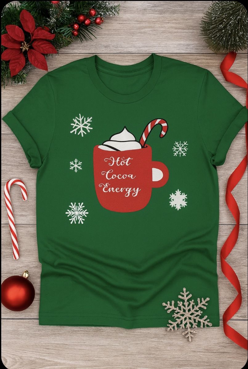 Hot Cocoa Energy Christmas Shirt – Funny Holiday Tee for Women – Cozy Winter Top – Festive Santa Mug Graphic – Holiday Coffee Lover Gift