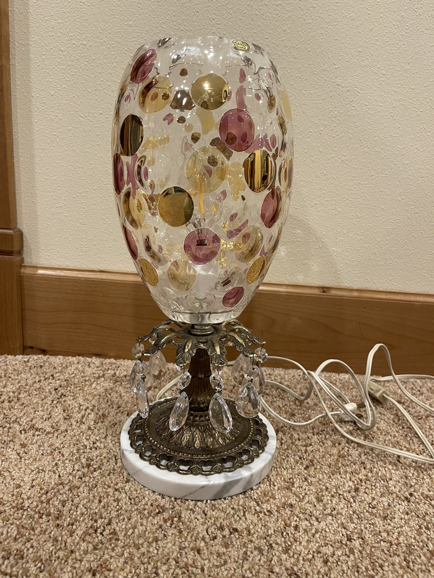 Antique Czech Crystal Dot Brass Lamp
