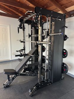 Smith Machine, Pulley System, Power Rack, Rubber Weights, Dumbbells