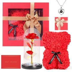 Valentines Day Gifts For Her Girlfriend Wife Mom Daughter Eternal Rose Bear Best Wishes Card Red Box