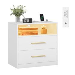 Nightstands, LED Lights, Charging Station, 2 Drawers LED Lights, Modern Night Stand, Side End Table with Drawers, Open Shelf, 2 AC Outlets USB Ports, 