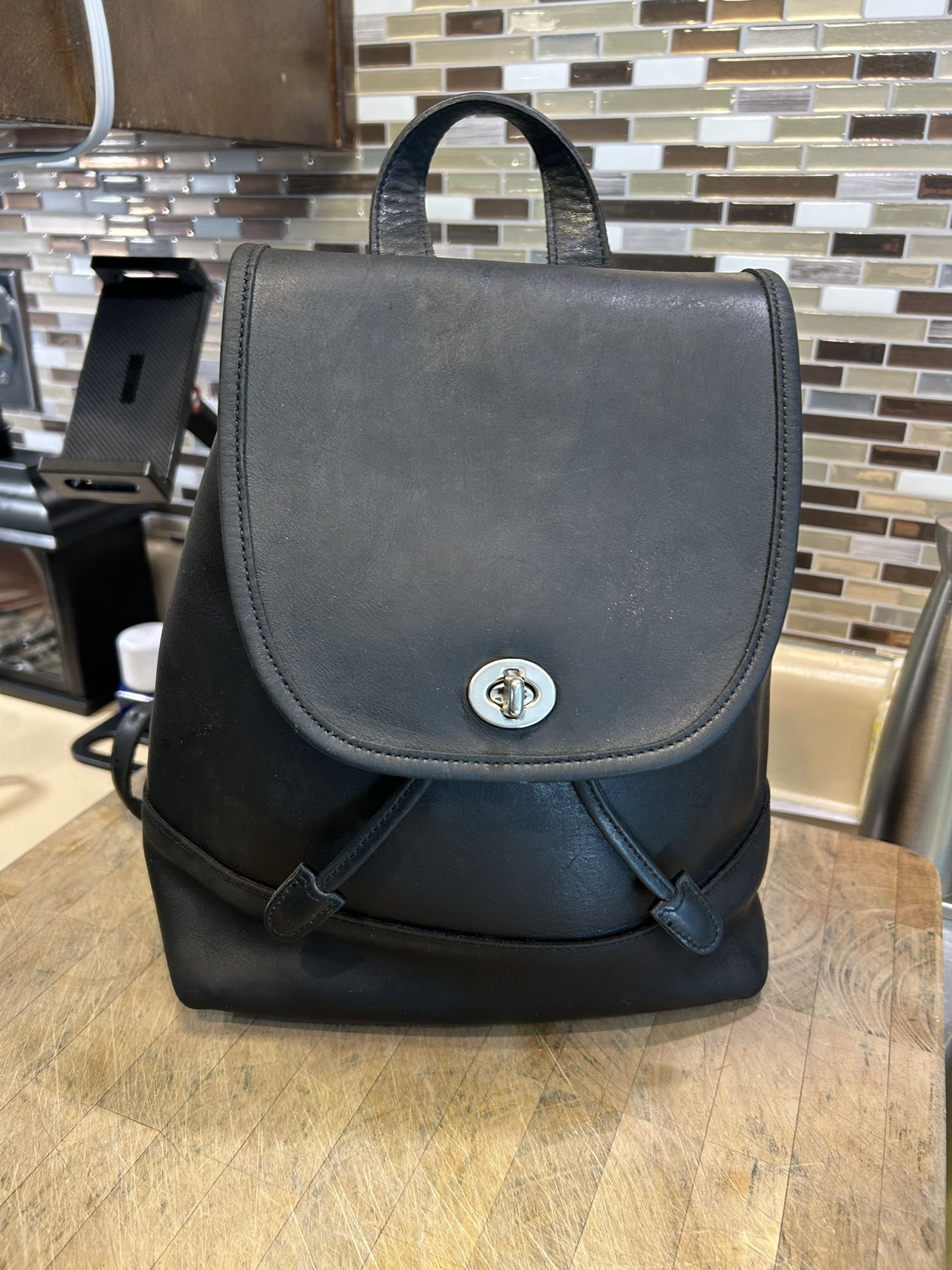 Vintage Coach Turn Key Daypack (style 9791) in black leather w/ nickel hardware