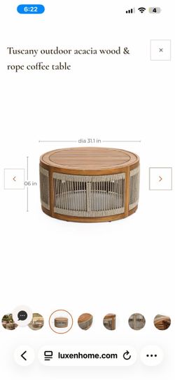 Tuscany outdoor acacia wood & rope coffee table   247 $150