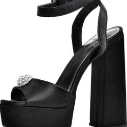 Premium Black Platform Heels for Women with Rhinestone - Open Toe Chunky Heels with Adjustable Ankle Strap - High Heels for Girls


