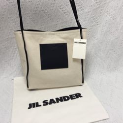 JIL SANDER Border medium canvas and leather tote bag