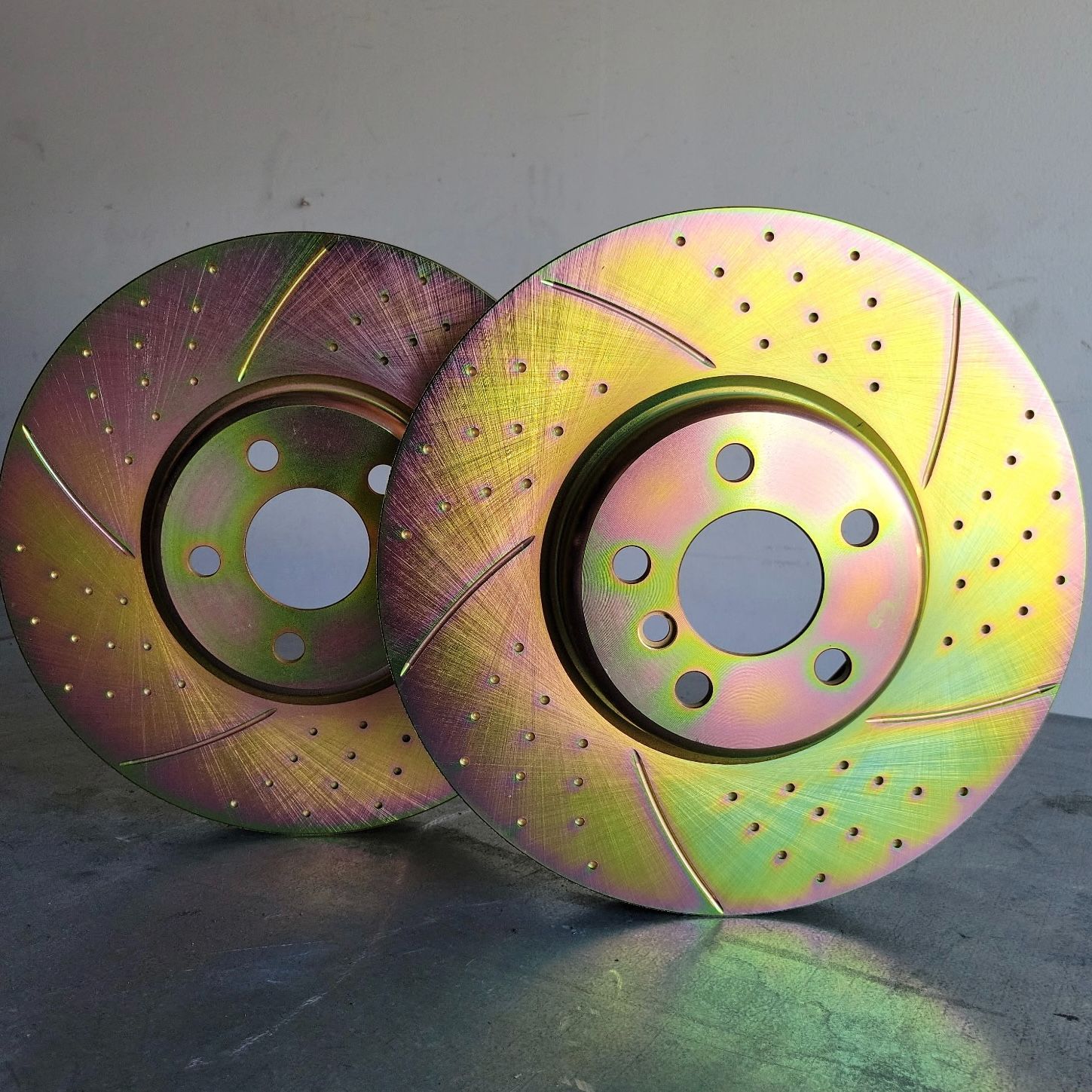 2020-2021 BMW 840i Gran Coupe Front Brake Rotor Pair Dimpled & Slotted Gold Zinc Plated Set
