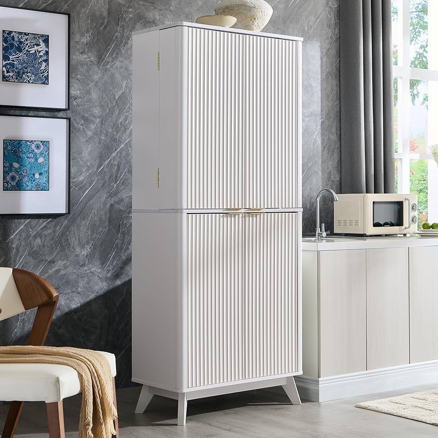 Fluted Kitchen Pantry, 72" Tall Mid Century Modern Storage Cabinet with Adjustable Shelves & Door Organizer, Wood Cabinet for Kitchen, Livin