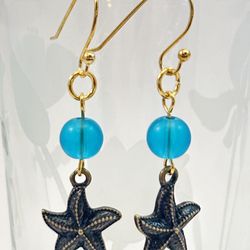 Hand Made Gold and Blue Starfish Earrings 