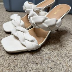 GORGEOUS EXPRESS $78 TAG LADIES SIZE 8 OPEN TOE BRAIDED WHITE LEATHER 4” HEELS 