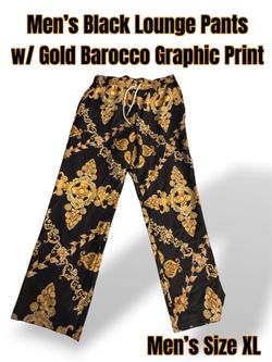 Men's Black Casual/Lounge Pants w/ Gold Barocco Graphic Print - Size XL