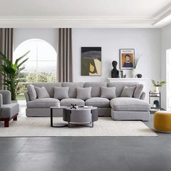 25Home: Gray Linen 136" Chubby Right Chaise Sectional,***Free Delievry