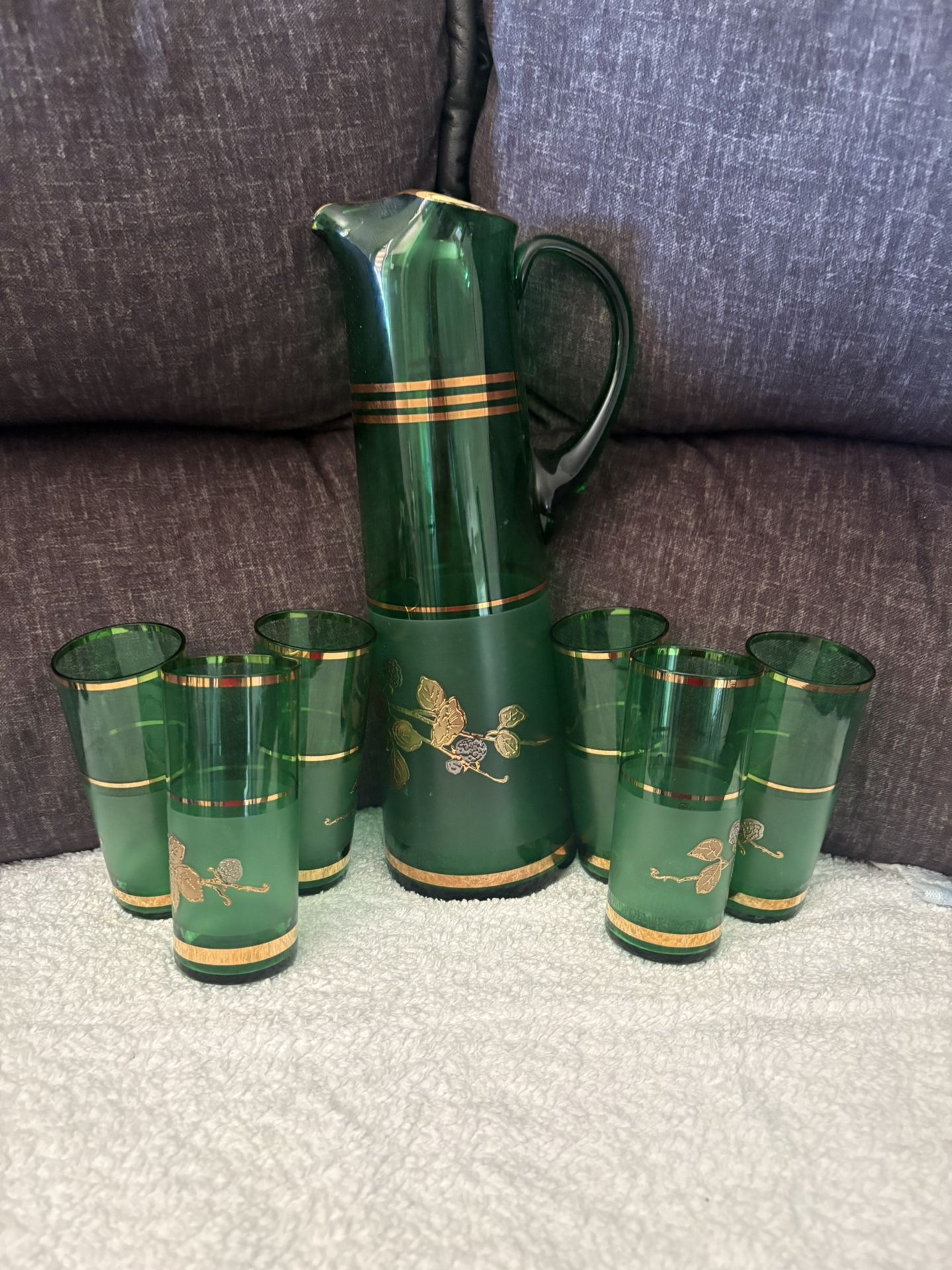 vintage Bohemian glass pitcher and glasses set.
