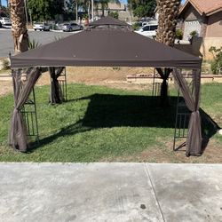 New 10x12 ft Outdoor Patio Gazebo Tent With Mosquito Net Brown