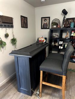  Antique Bar With Original Brass Foot Bar And 3 Chairs