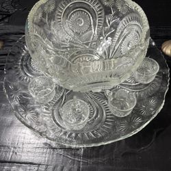 Vintage L.E.SMITH PINWHEEL & STAR SLEWED HORSESHOE 7 CUPS & PUNCH BOWL & Plate