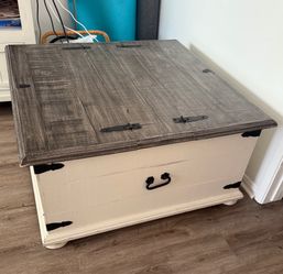 Coffee table white and gray distressed look 37in x37in  17in tall