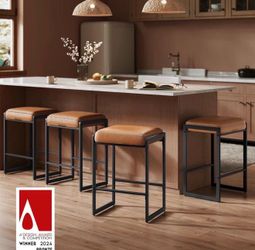 Bar Stools Set of 4. Counter Height Bar Stools, Synthetic Leather with Stitching, Mid-Century Modern Counter Stools, 26-Inch Tall, Kichen Home Bar Din
