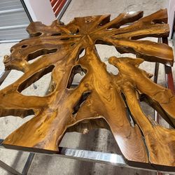 Teak root slab coffee table stainless steel frame