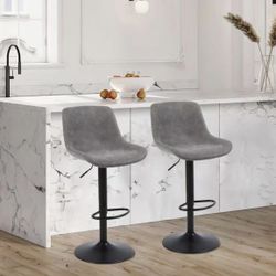 Bar Stools, Swivel Counter Height Barstools with Back, Adjustable Modern Bar Chairs, Tall Armless PU Leather Kitchen Island Stool (Grey, Set of 3）