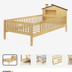 Twin Size Kids Montessori Bed with House-Shaped Headboard and Built-in Storage Shelf