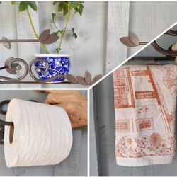 Grey Metal Floral Design Shelf/Planter Matching Towel & Toilet Paper Holder