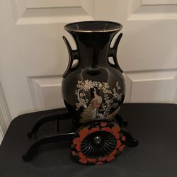 Vintage Japan Porcelain Peacock Vase With Wheelbarrow Stand
