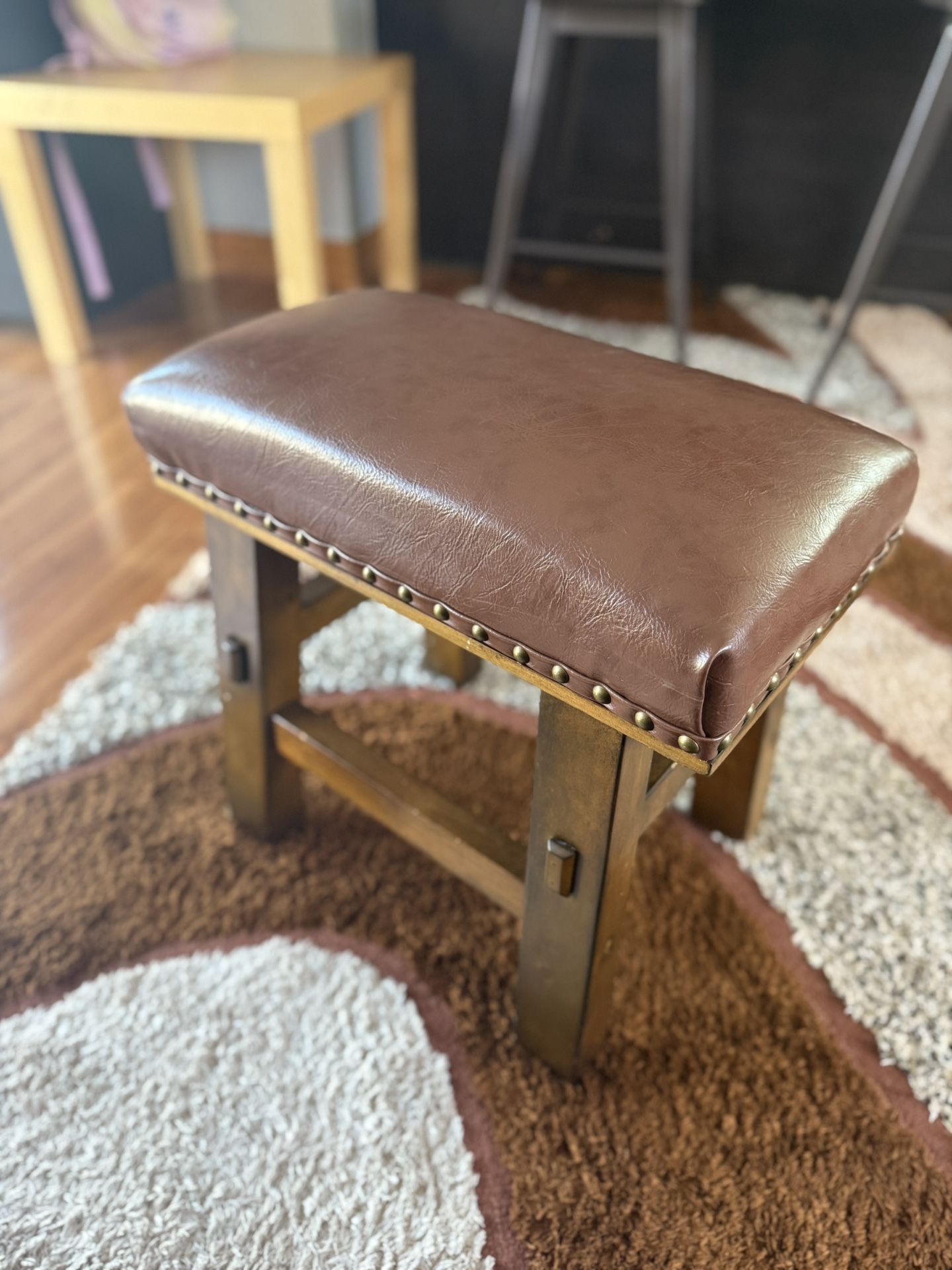 Brown Leather Wooden Footstool